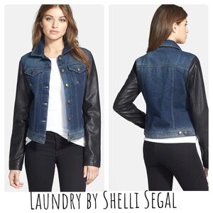 Shelli Segal Faux Leather Sleeve Denim Jacket. Button up.  Flap pockets.